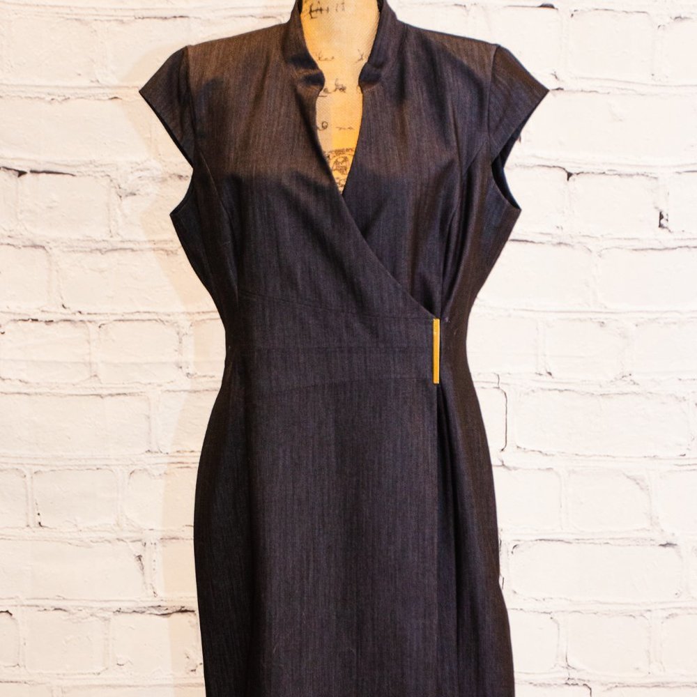 Calvin Klein Knee-Length Sleeveless Dress (wrap style gold clasp detail)